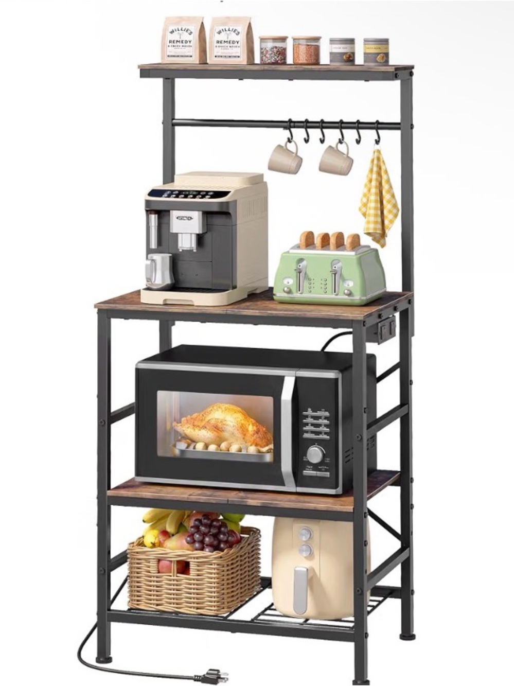 Kitchen Baker's Rack with Storage Shelves and Hooks - Black / Brown